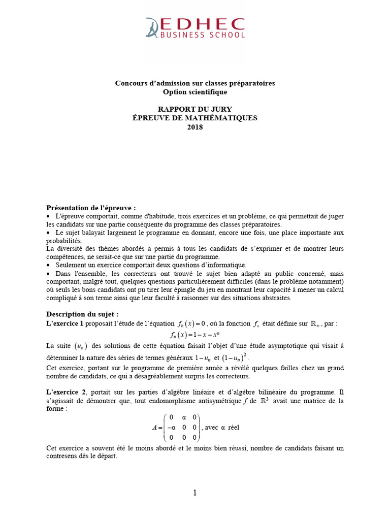 Rapport jury épreuve maths 2018 CPGE | PDF | Algèbre | Mathématiques
