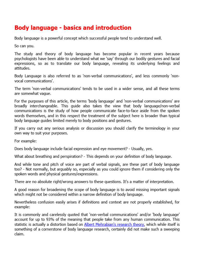Understanding Body Language Basics | PDF | Body Language | Nonverbal ...