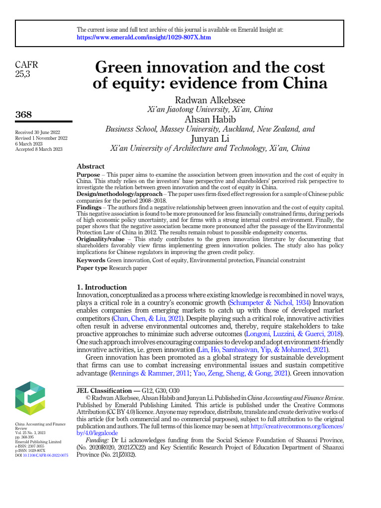 Green Innovation's Impact on Equity Costs | PDF | Innovation | Risk