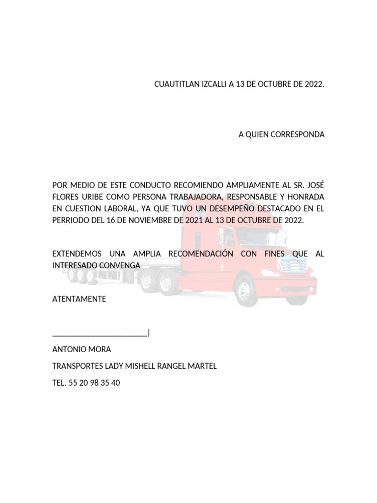 Machote Carta Recomendacion Laboral 8 | PDF