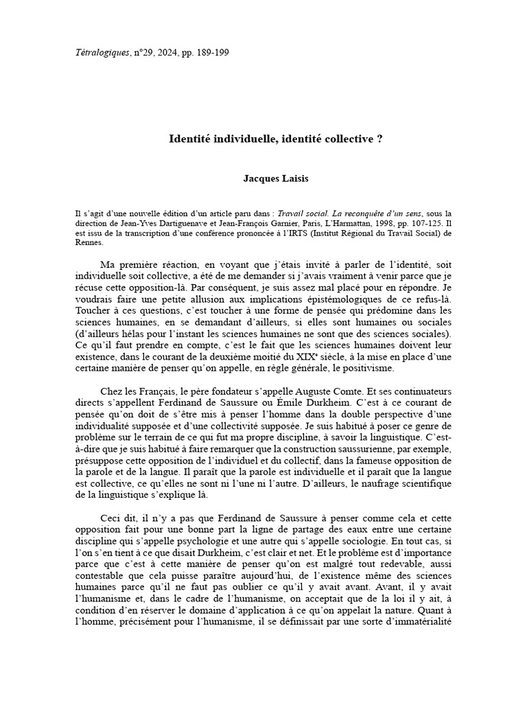 Identité individuelle et collective en débat | PDF | Science | Humanisme
