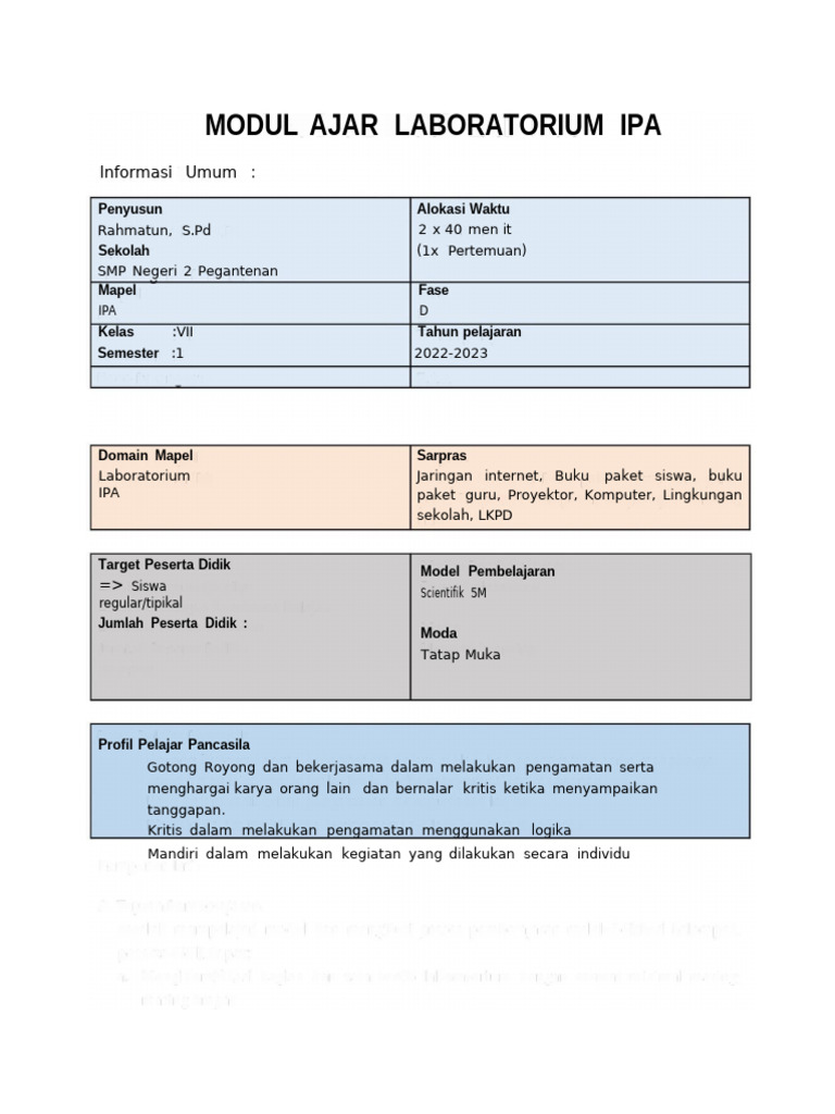 Modul Ajar Laboratorium IPA Kelas VII | PDF