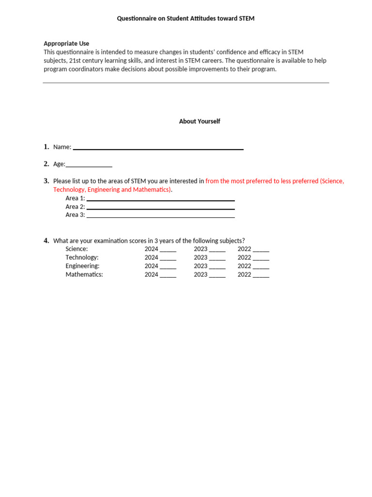 Student STEM Attitudes Questionnaire | PDF | Science | Science ...