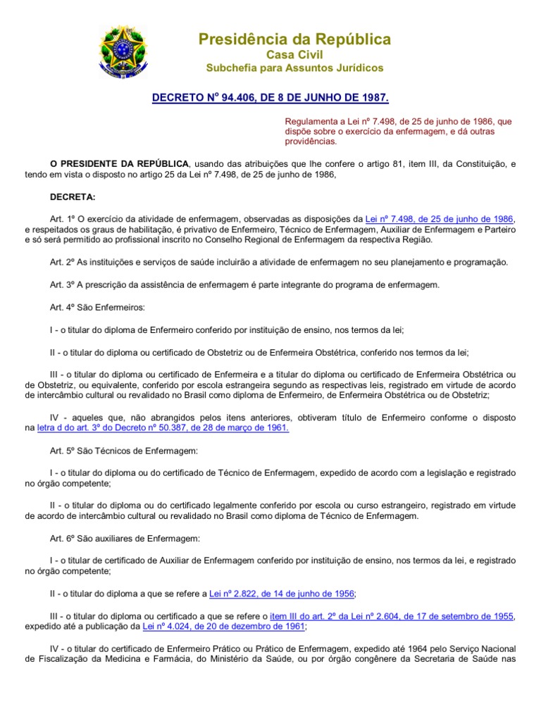 Decreto 94.406/1987: Regulamentação da Enfermagem | PDF | Parteira ...