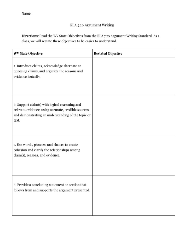 ELA 7.20 Argument Writing | PDF