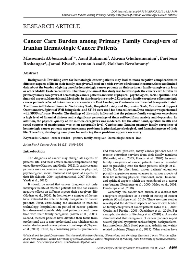 Cancer Care Burden on Iranian Caregivers | PDF | Caregiver | Cancer