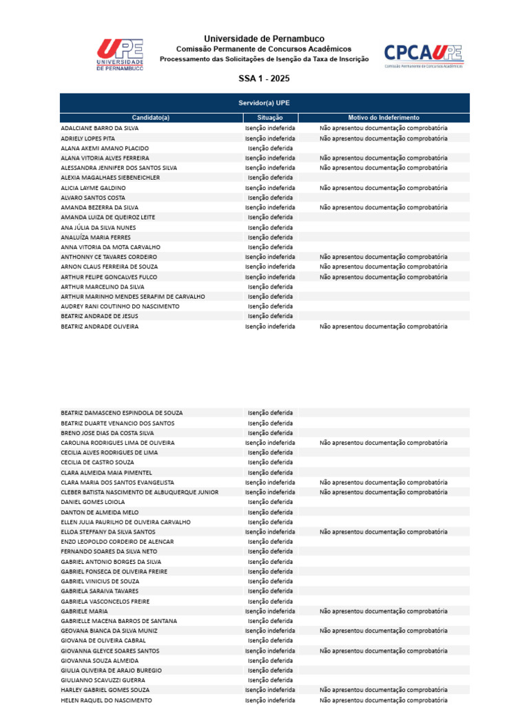 Isenções de Taxa SSA 1 - 2025 UPE | PDF