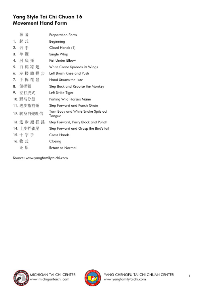 Yang Style Tai Chi 16 Movements Guide | PDF