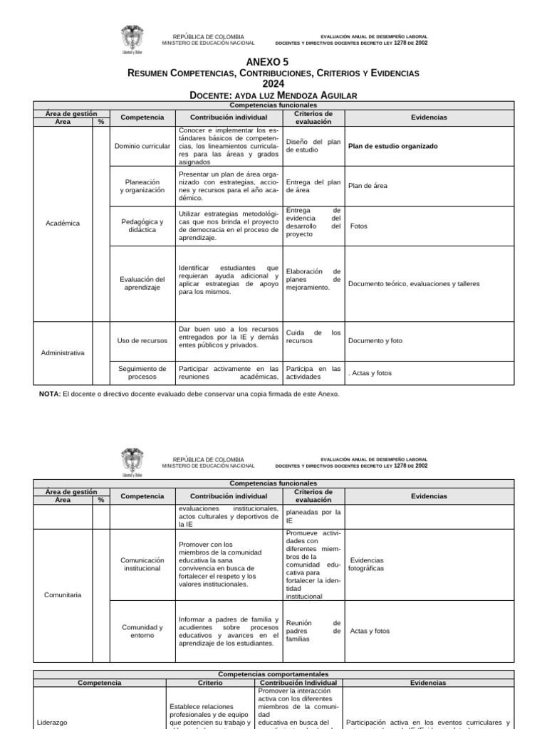 Ejemplo Anexo 5 Evaluación Docente 2024 | PDF | Evaluación | Maestros
