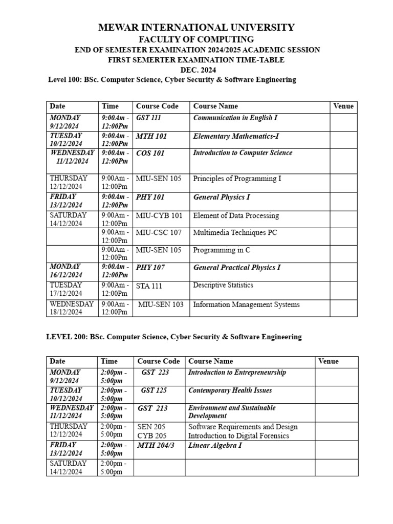 Foc First Sem Dec 2024 CONFIRMED Time Table1 | PDF | Computer ...