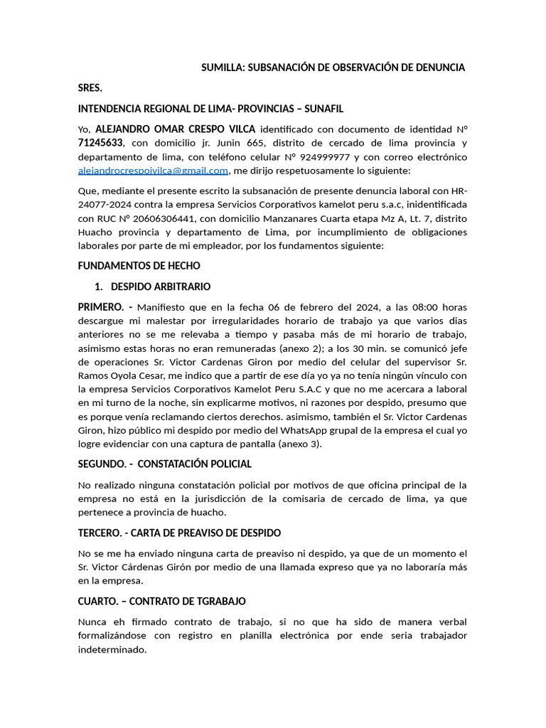 Subsanación de Denuncia Laboral SUNAFIL | PDF