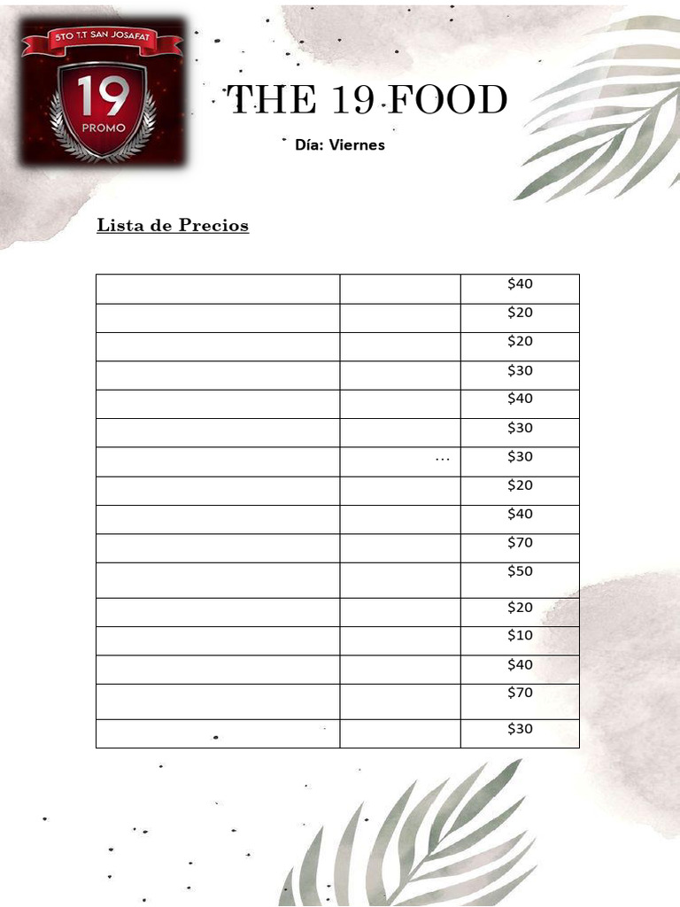 Menú y Precios de Comidas y Bebidas | PDF