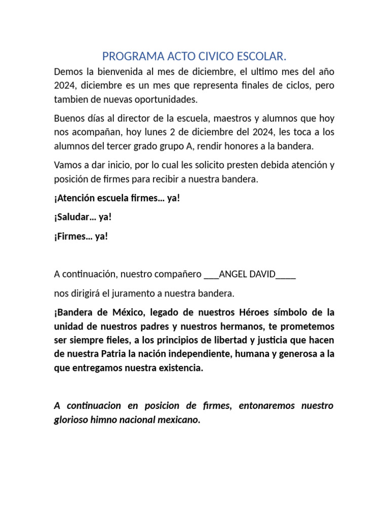 Acto Cívico Escolar Diciembre 2024 | PDF
