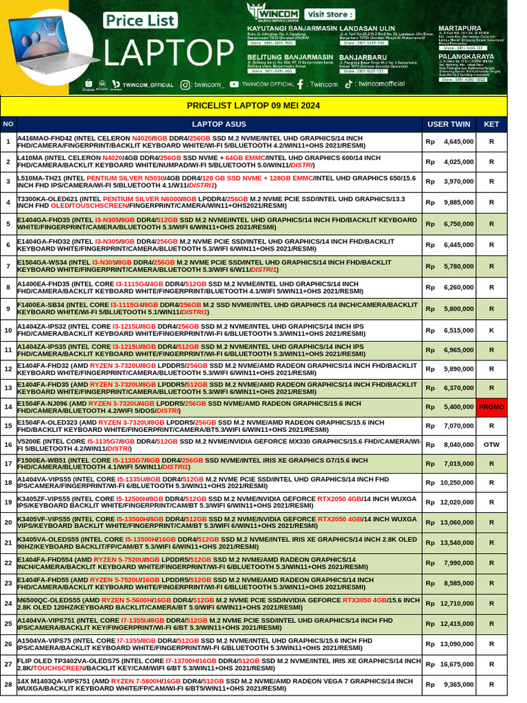 PRICELIST LAPTOP TWINCOM USER 09 MEI 2024 Silvi | PDF | Intel ...