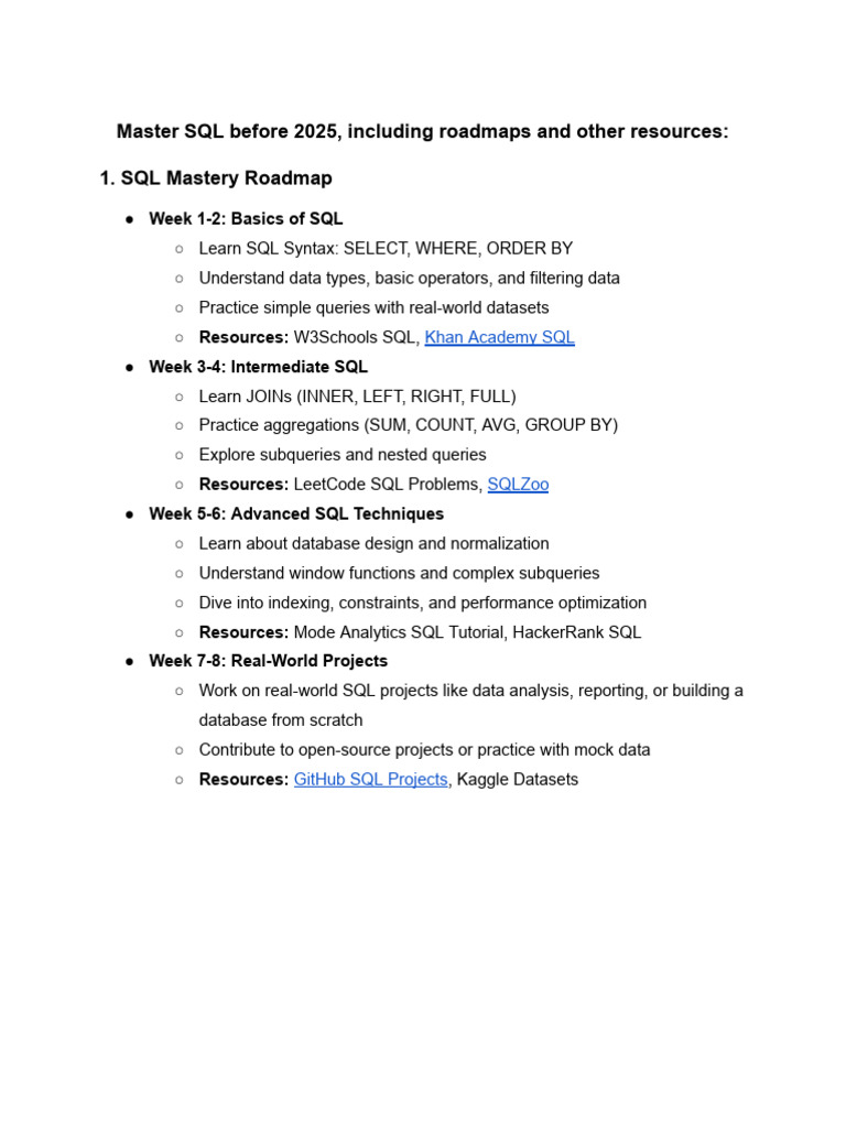 SQL Roadmap With Resources | PDF | Sql | Databases