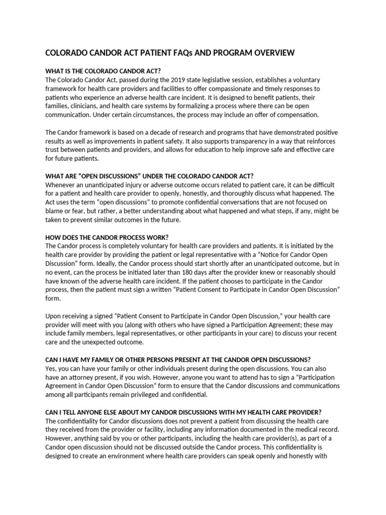 Colorado Candor Act Patient Guide | PDF | Medical Record | Confidentiality