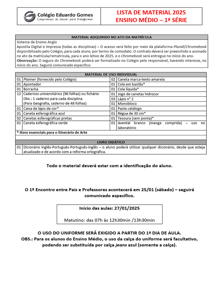 Lista de Material 2025 - Ensino Médio | PDF | Caneta | Faculdade