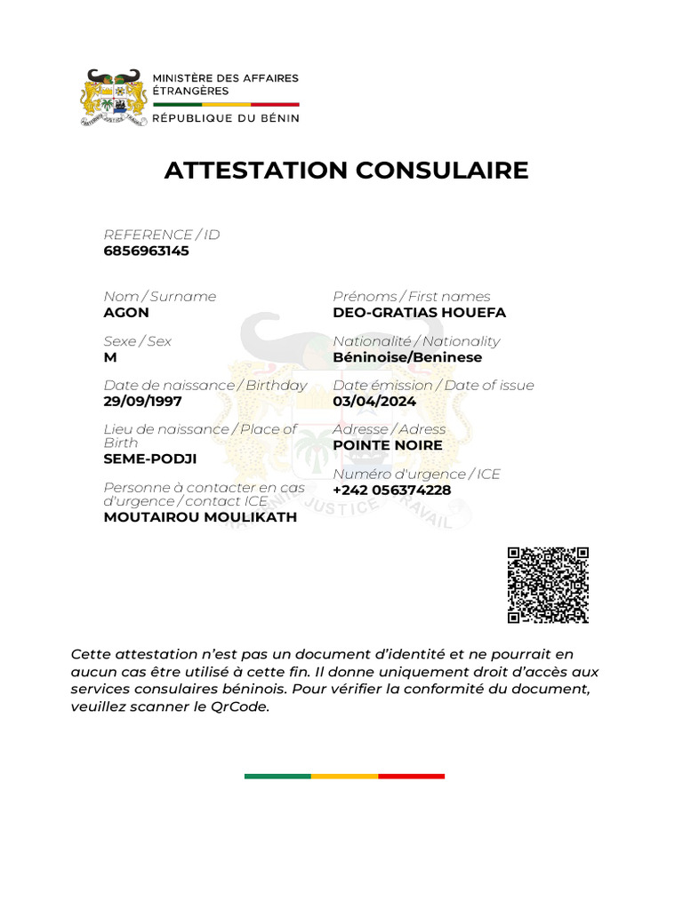 Attestation consulaire béninoise 2024 | PDF