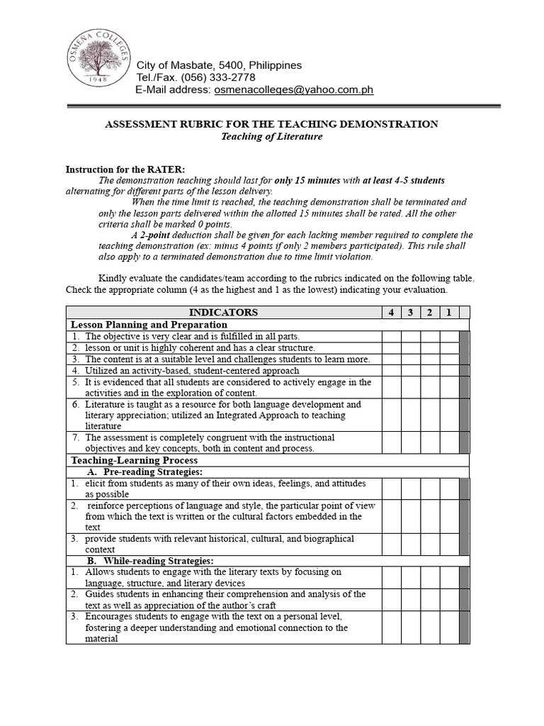 Teaching Demonstration Assessment Rubric | PDF | Reading Comprehension ...