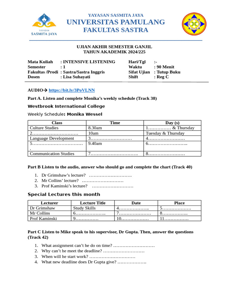 Intensive Listening Exam Schedule 2024 | PDF