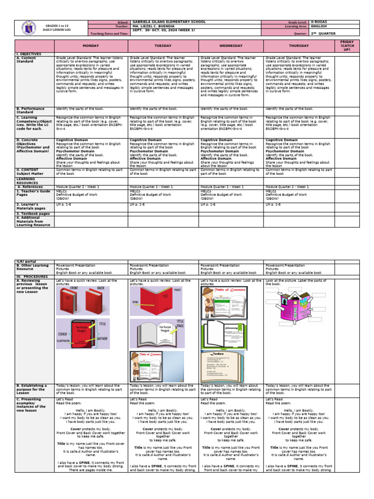 DLL ENGLISH 2 Q2 Week 1 SY 24 25 | PDF | Books | Book Design