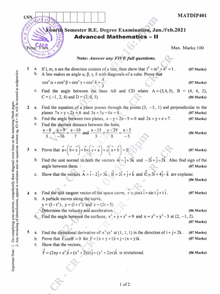 VTU Question Paper of MATDIP401 Advanced Mathematics-II Jan-2021 | PDF