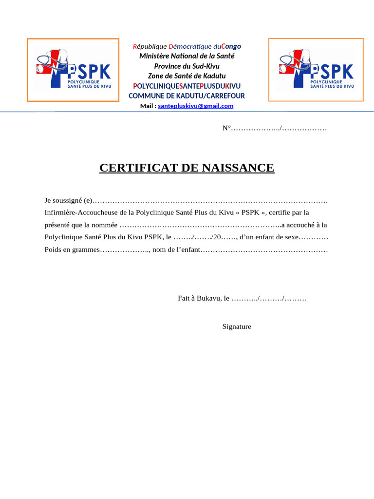 Certificat de naissance - Polyclinique Kivu | PDF