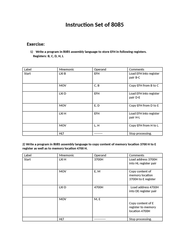 Instruction Set of 8085 examples | PDF | Assembly Language | Integrated ...
