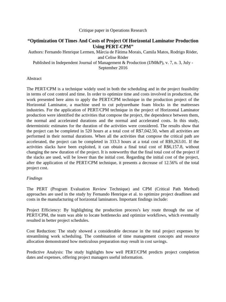Critique Paper - PERT-CPM | PDF | Project Management | Business