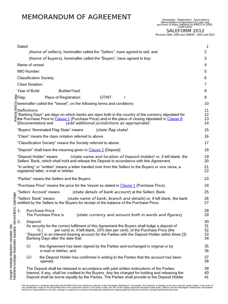 Norwegian Ship Sale Agreement Template | PDF | Banks | Prices