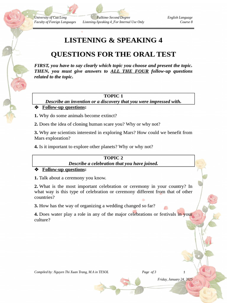 Oral Test Topics for English Course | PDF | Human Communication