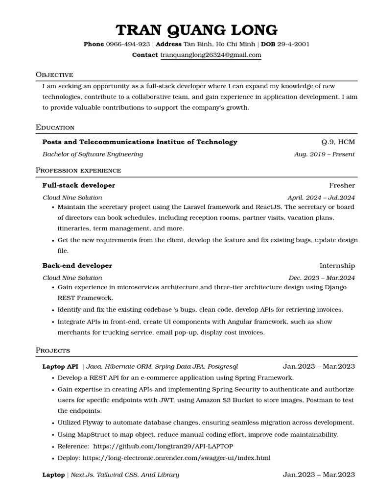 Full-Stack Developer Resume - Tran Quang Long | PDF | Spring Framework ...
