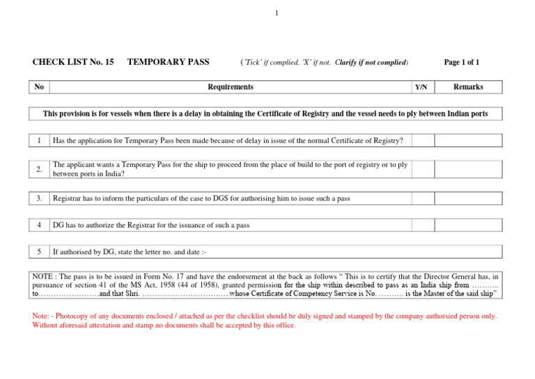 Temporary Pass Checklist for Vessels | PDF