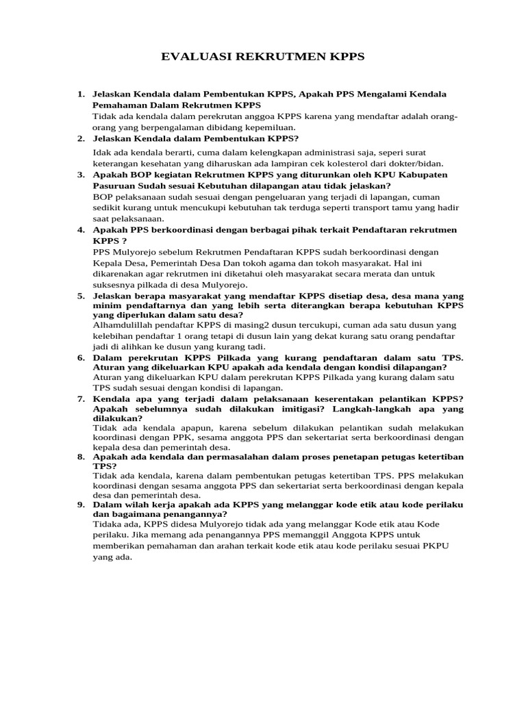 Evaluasi Rekrutmen KPPS di Mulyorejo | PDF