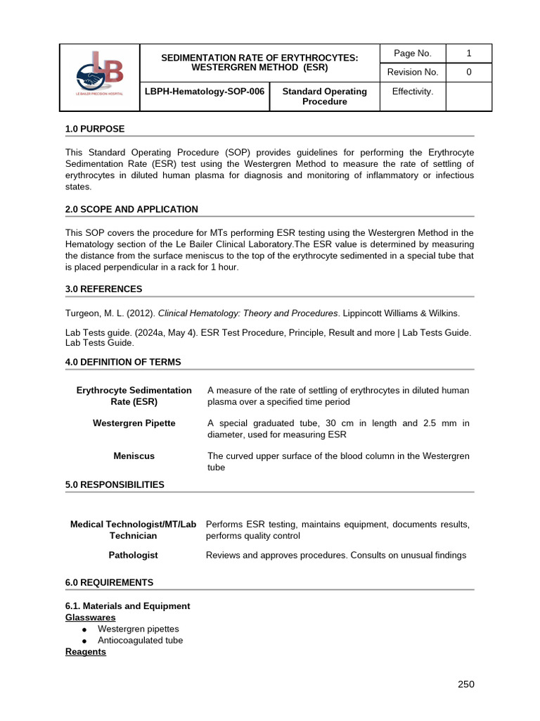 ESR Testing Procedure: Westergren Method | PDF | Tissue (Biology ...