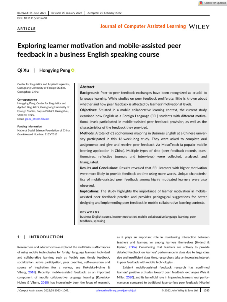 Computer Assisted Learning - 2022 - Xu - Exploring learner motivation ...