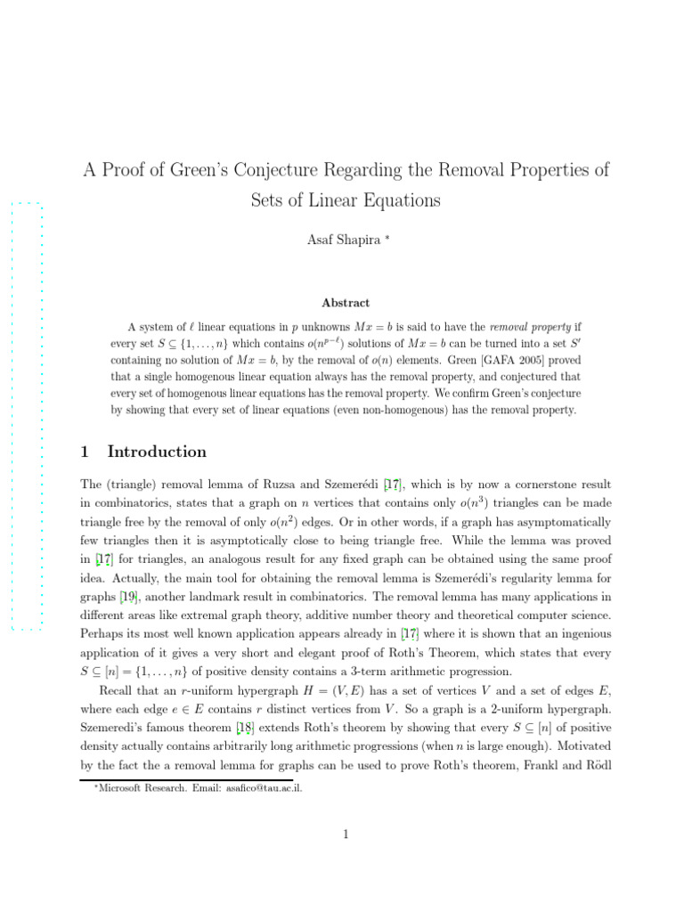 A Proof of Green's Conjecture Regarding The Removal Properties of Sets ...
