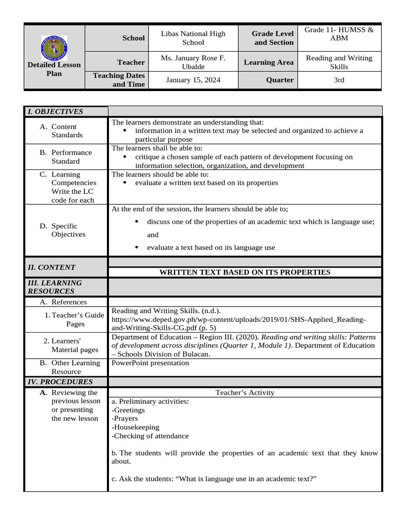 Academic Text Evaluation Lesson Plan | PDF | Vocabulary | Learning