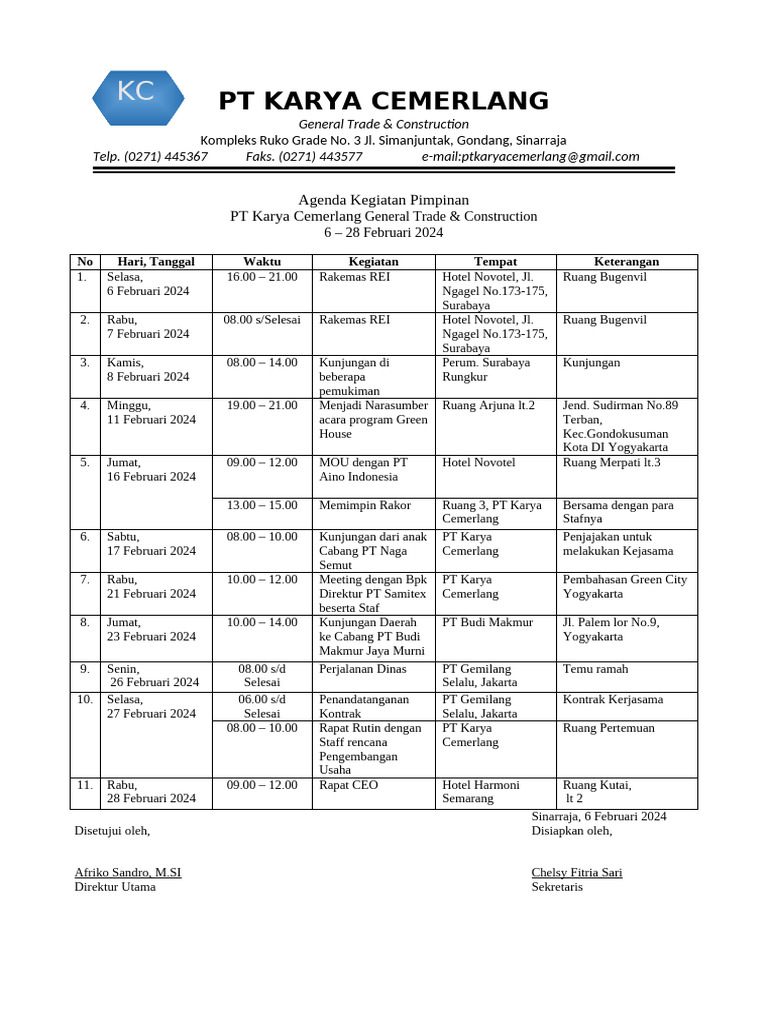 Agenda Kegiatan PT Karya Cemerlang | PDF