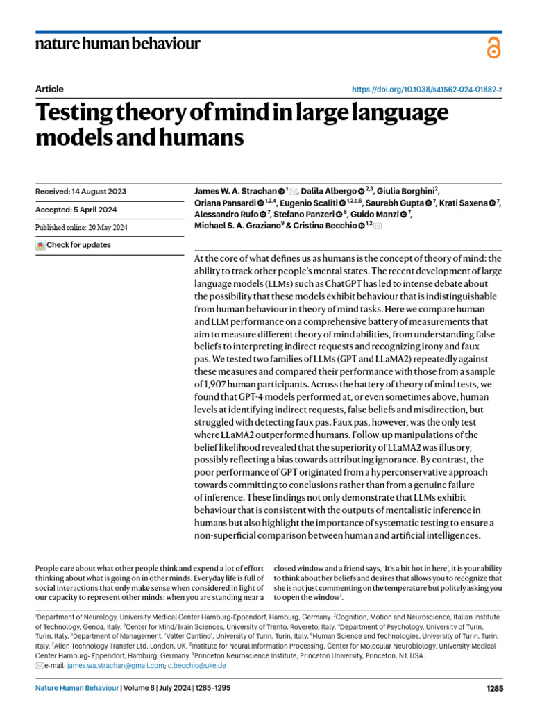 Testing theory of mind in large language models and humans | PDF ...