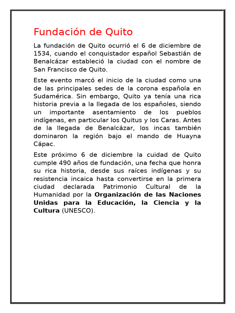 Fundación de Quito: 6 de diciembre de 1534 | PDF