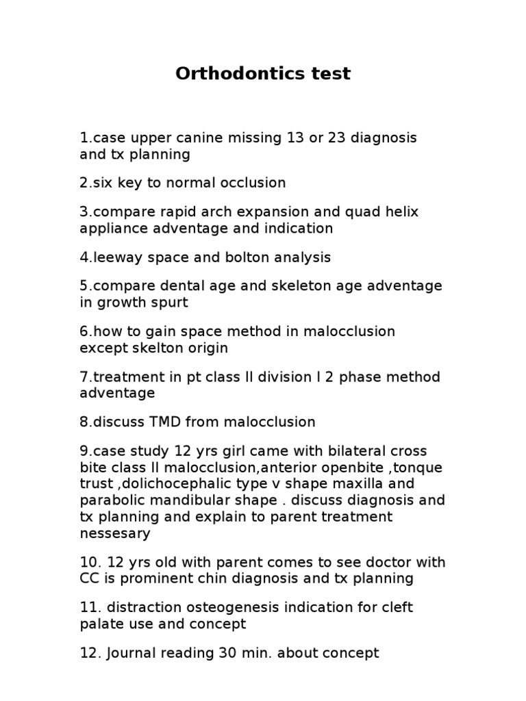 Orthodontics Test PDF Tooth Dentistry Branches