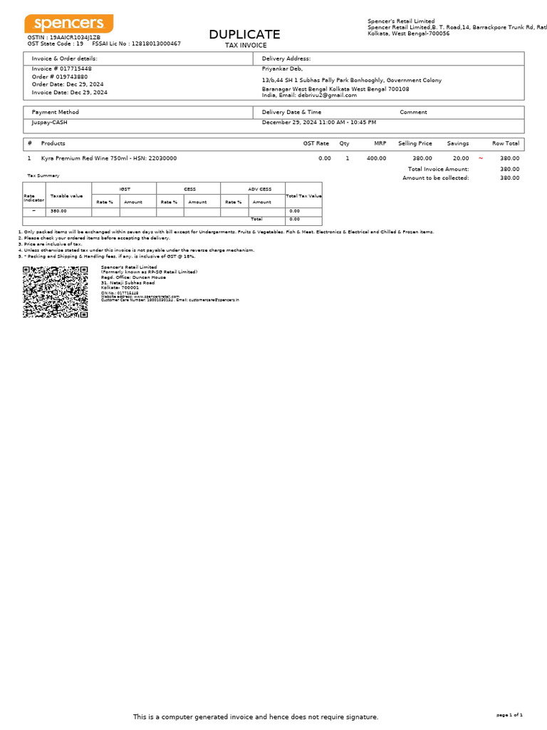 Spencer's Retail Invoice - Kyra Wine | PDF | Taxes | Taxation