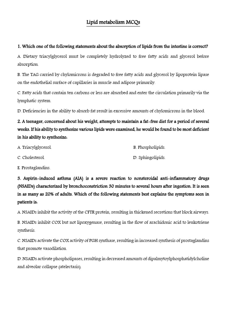 Lipid Metabolism MCQs and Answers | PDF | Lipoprotein | Cholesterol