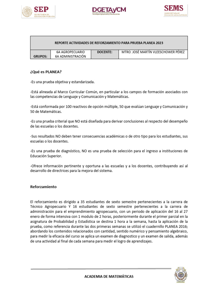 Reporte PLANEA V | PDF
