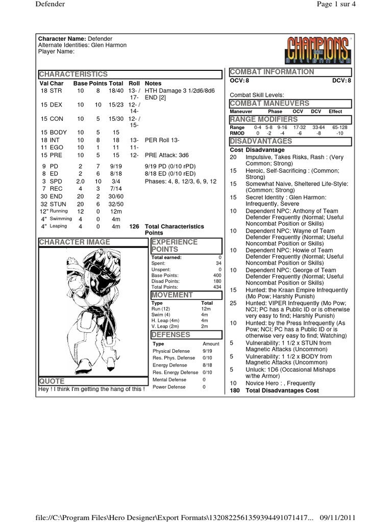 Defender Character Profile and Stats | PDF