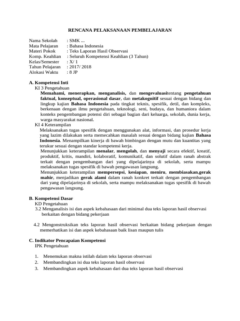 Rencana Pembelajaran Teks Observasi | PDF