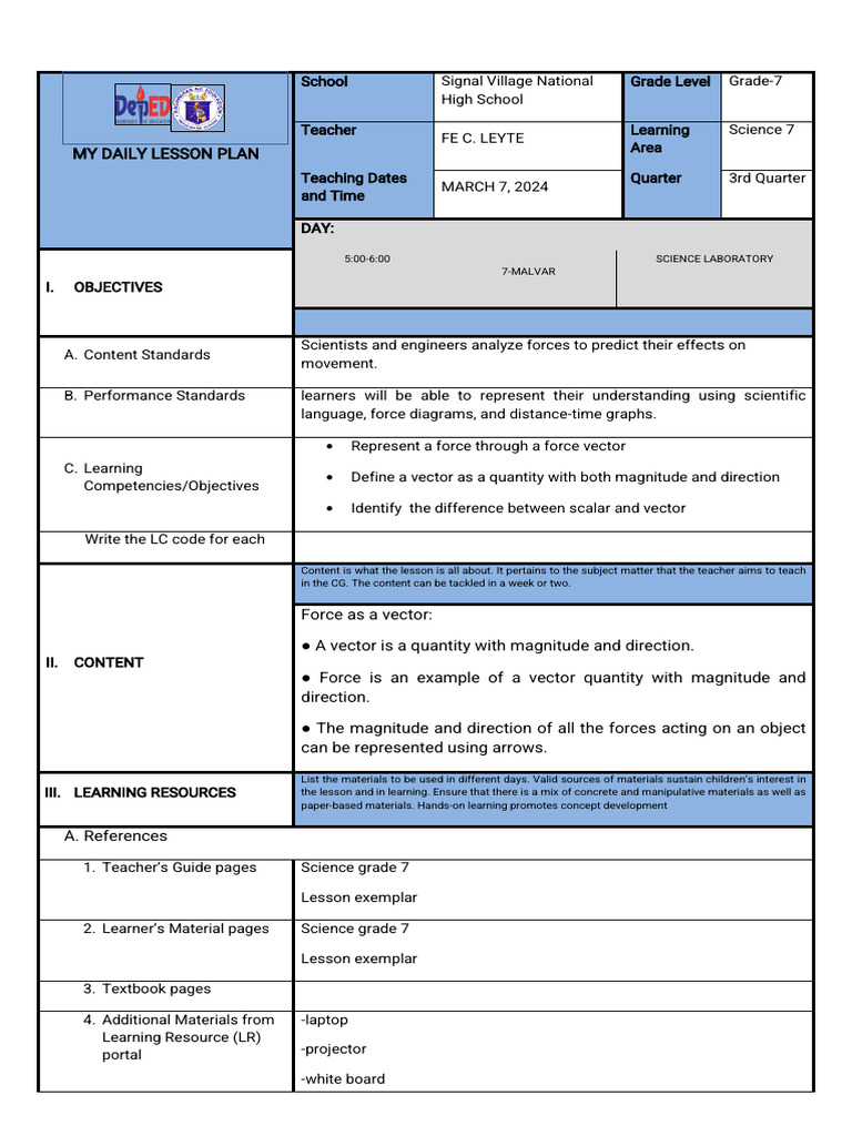Grade 7 Science Lesson Plan on Forces | PDF