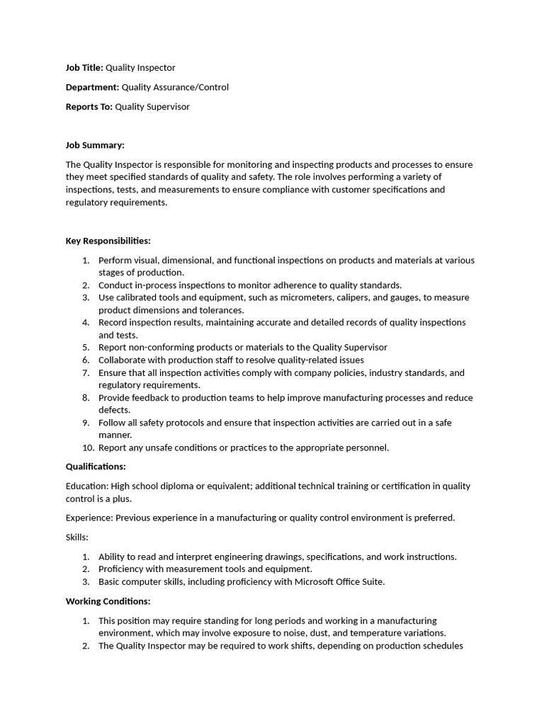 Quality Inspector JD | PDF