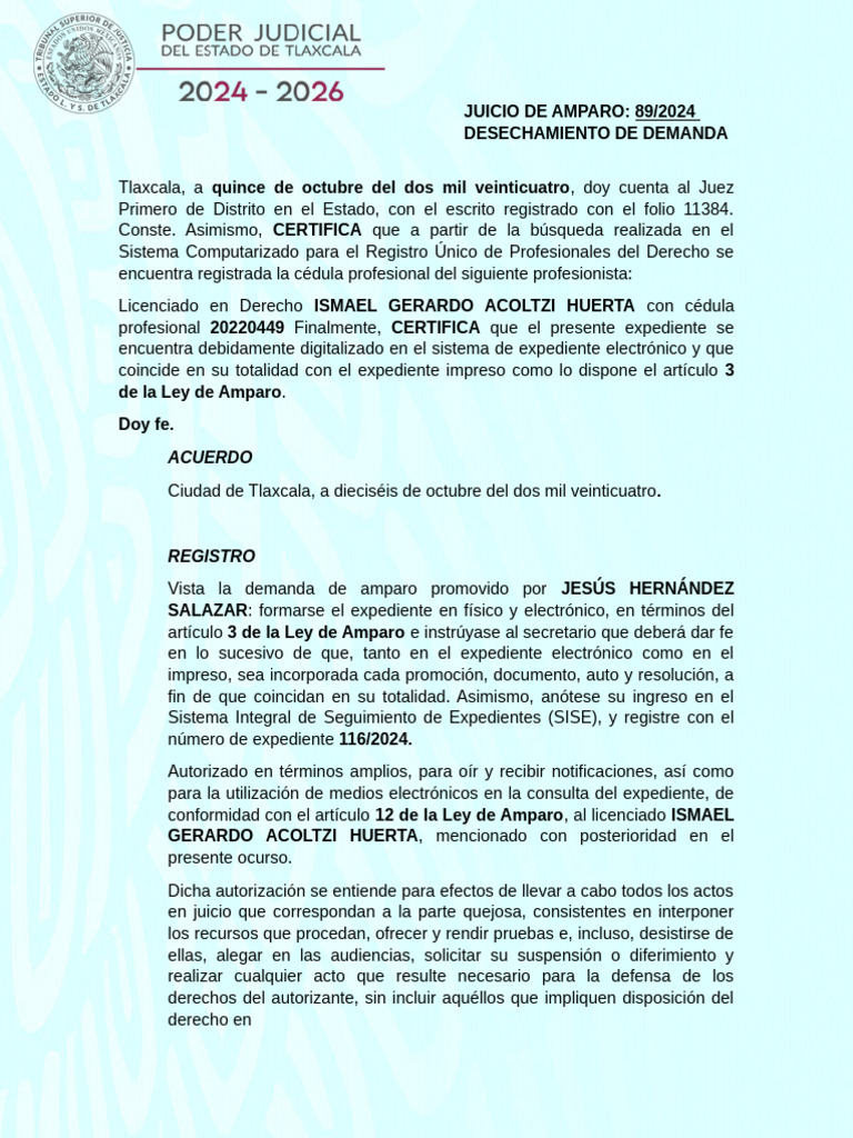 Desechamiento de Demanda de Amparo | PDF | Demanda judicial | Caso de ley